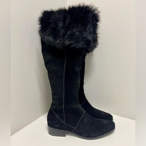 SCHUTZ Black Suede Tall Boots With Rabbit Fur Trim